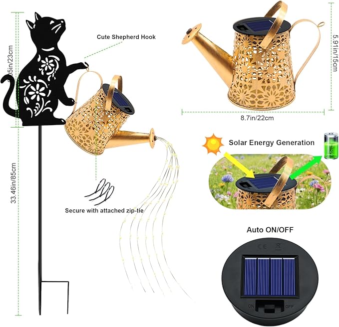 Solar Watering Can Lights, Cat Hanging Lantern Solar Lights Outdoor, Cat Lover - Image 2