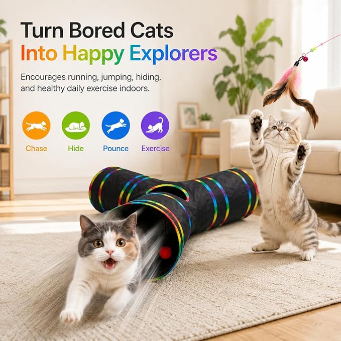 Cat Tunnels Tube Toy with Plush Ball & Cat Wand Feather Toys-Portable Tattaff - Image 4