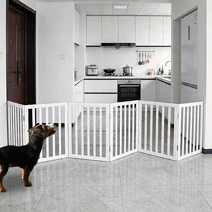Foldable Indoor Dog Gate for The House Freestanding Stairs Nature Wooden White - Image 2