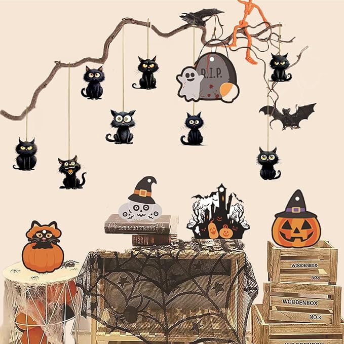 8 Pcs Halloween Tree Decoration Funny Cute Black Cat Designs Acrylic Pendant - Image 4