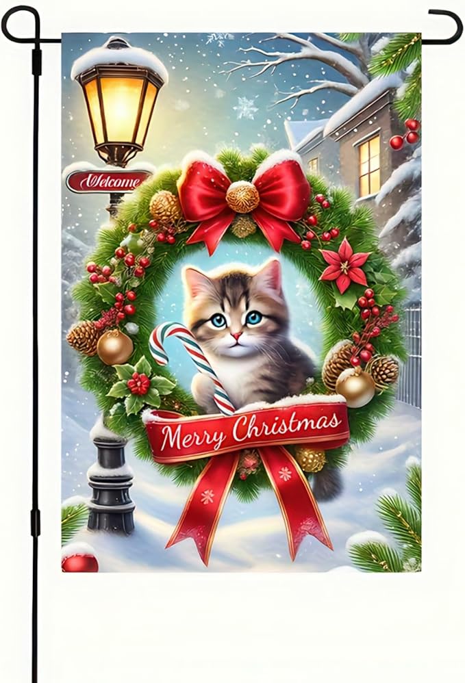 BlissYard Merry Christmas Cat Garden Flag 12x18 Inch Double Sided Holiday Kitten - Image 2