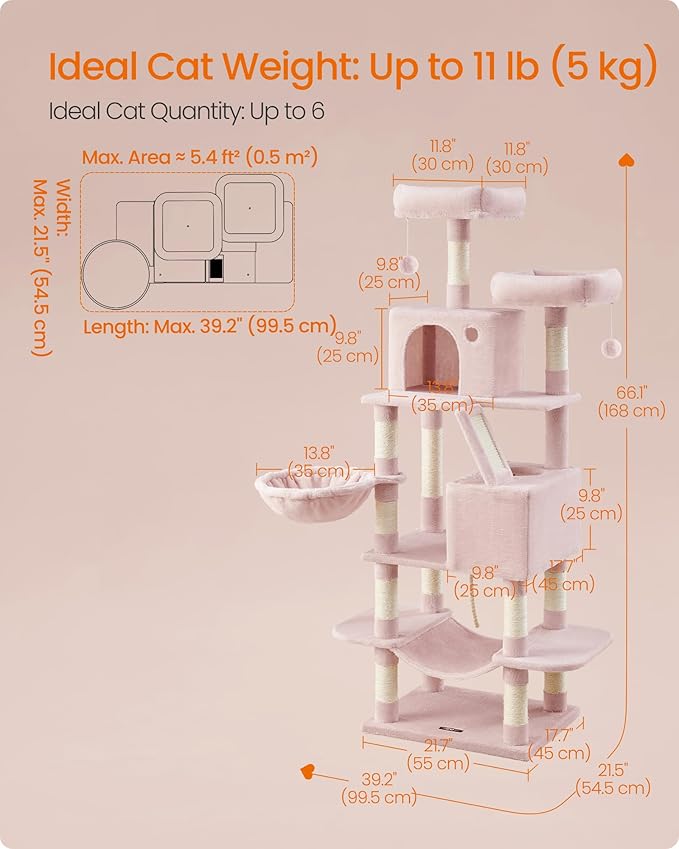 Feandrea Cat Tree, 66.1-Inch Large Cat Tower, 2 Perches, 2 Caves, Jelly Pink - Image 5