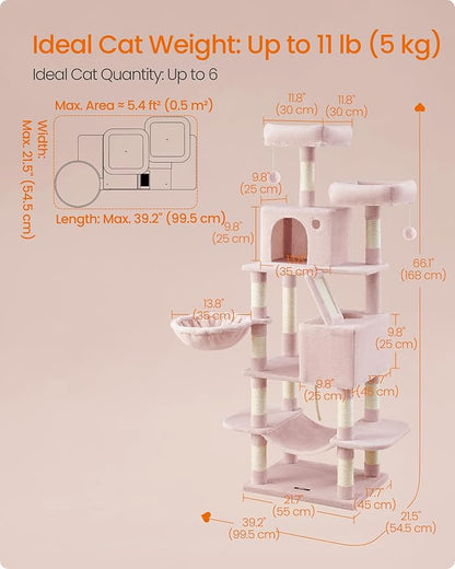 Feandrea Cat Tree, 66.1-Inch Large Cat Tower, 2 Perches, 2 Caves, Jelly Pink - Image 5