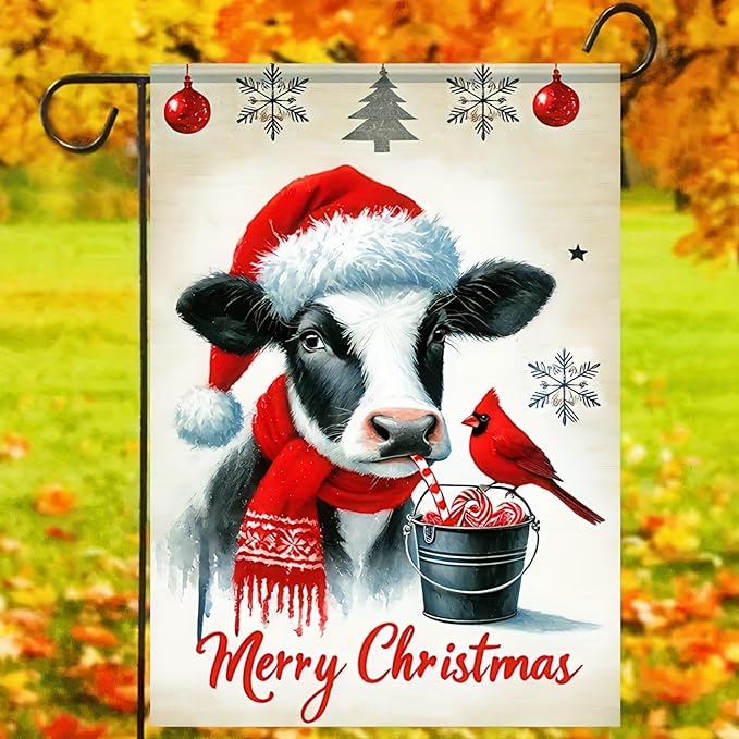 Merry Christmas Garden Flag 12x18 Double Sided Cow Winter Garden Flag - Image 5