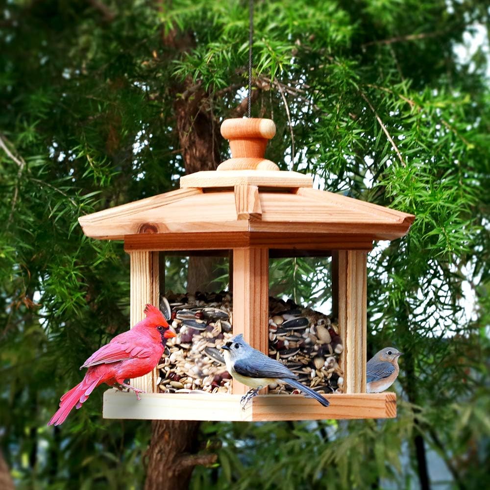 Solution4Patio Bird Feeder for Outdoors - USA Cedar Hexagon Gazebo Bird Feeders with Vented Mesh Tray, Easy-Clean & Fill Design 9.6" Dia. X 8.7" H 3.2-lb Capacity