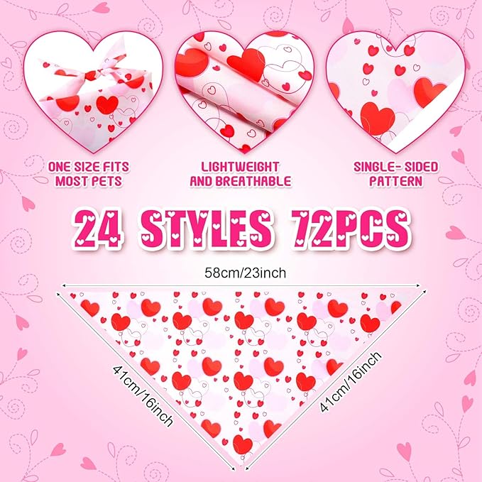 72 Pack Valentine Dog Bandanas Bulk Heart Triangle Pet Scarfs, Adjustable Bib - Image 2