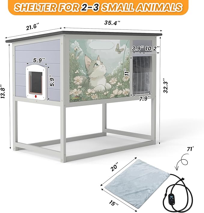 Outdoor Cat House with Heating Pad, Heated Raised Wood Cat Enclosure with - Image 2