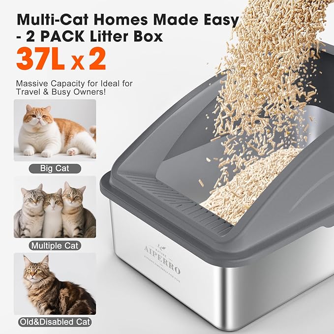 AIPERRO 2 Pack Stainless Steel Litter Box | XL Enclosed Cat Litter Boxes - Image 3