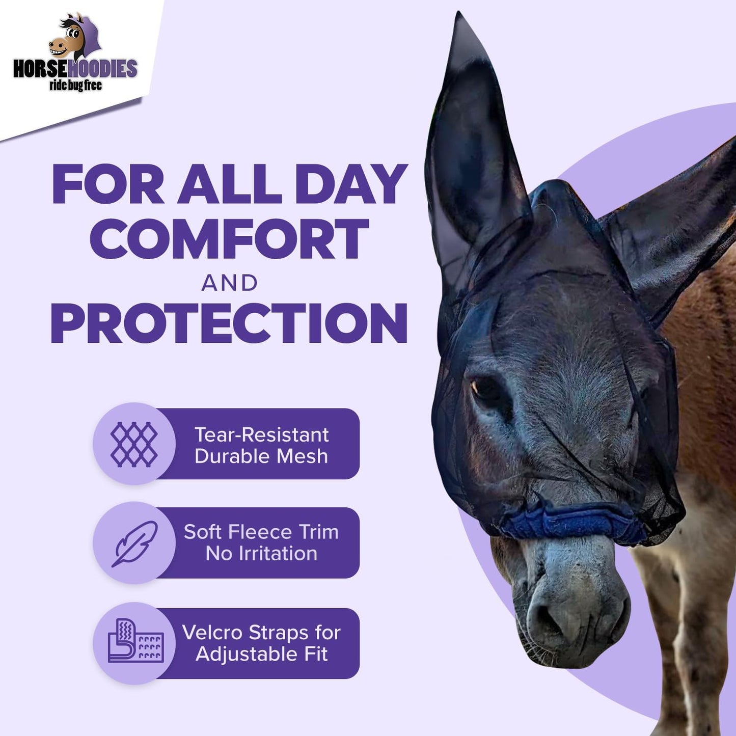 Donkey Fly Mask with Long Ears (Orange) Made in USA - Mule Fly Mask with Ears Protection from Insects and Bugs, Small Donkey Soft Mesh Fabric with Adjustable Fastener, Face Cover Supplies for Donkeys