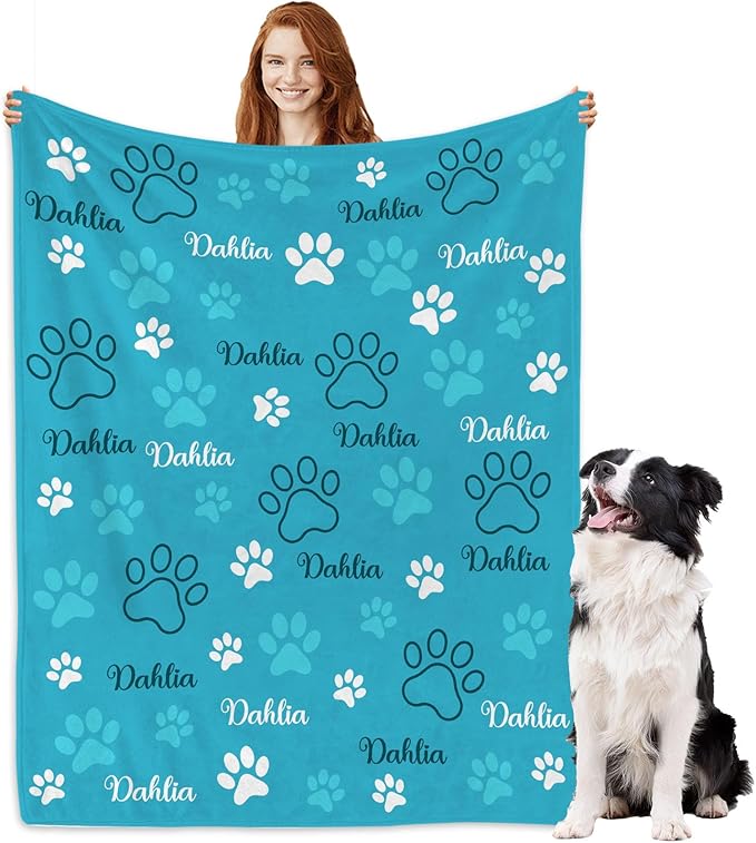 Personalized Dog Blankets with Name, Custom Paw Print Blanket by Artsadd
