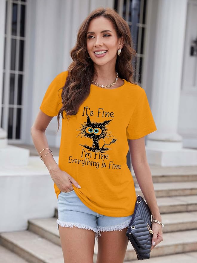 Funny Cat T Shirts for Women Everything is Fine Graphic Tees Casual Short - Image 3