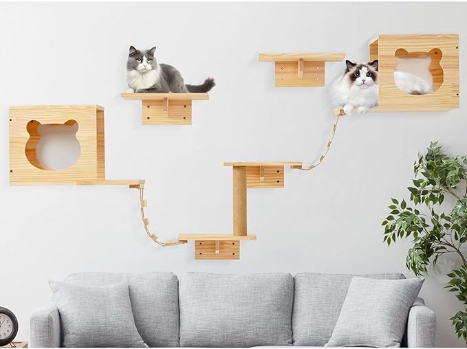 PETKABOO Cat Wall Shelves and Perches, Pine Wooden Cat Wall Furniture Climbing - Image 9
