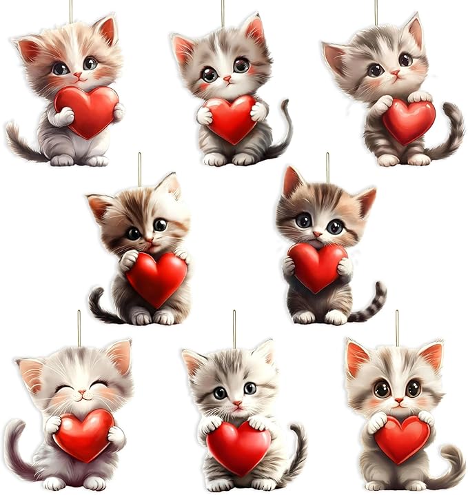 8 Pcs Valentine's Day Ornaments Cute Cat Holding a Red Heart Designs 2D Acrylic by NSSHEL