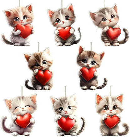 8 Pcs Valentine's Day Ornaments Cute Cat Holding a Red Heart Designs 2D Acrylic by NSSHEL