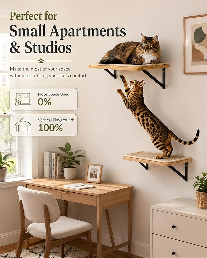 Cat Floating Wall Shelf with Scratching Mat, Support to 30 LBS - Image 4