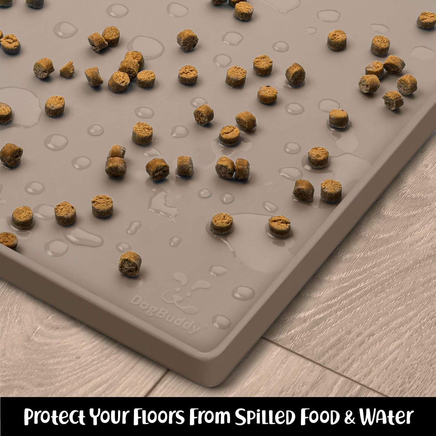 DogBuddy Dog Food Mat – Waterproof Dog Bowl Mat for Food and Water, Silicone Pet Feeding Mats for Floors, Non-Slip Placemat with High Edges for Dogs Bowls, Puppy Essentials (XL: 28" x 18", Taupe)