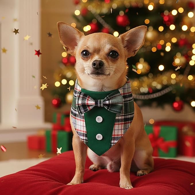 ADOGGYGO Christmas Green Dog Tuxedo Bandana, Plaid Pet Bowtie Collar, - Image 3