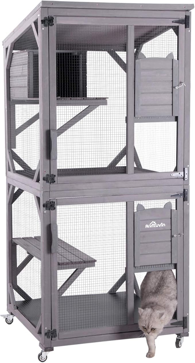 Aivituvin Cat Catio Kitty House Outdoor and Indoor Run Large Wooden Cat - Image 3
