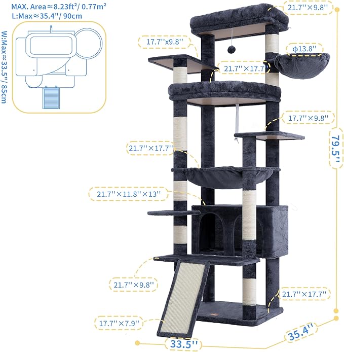 Heybly Tall Cat Tree for Large Cat, 80-inch Multi-Level Cat Tower for Indoor - Image 5