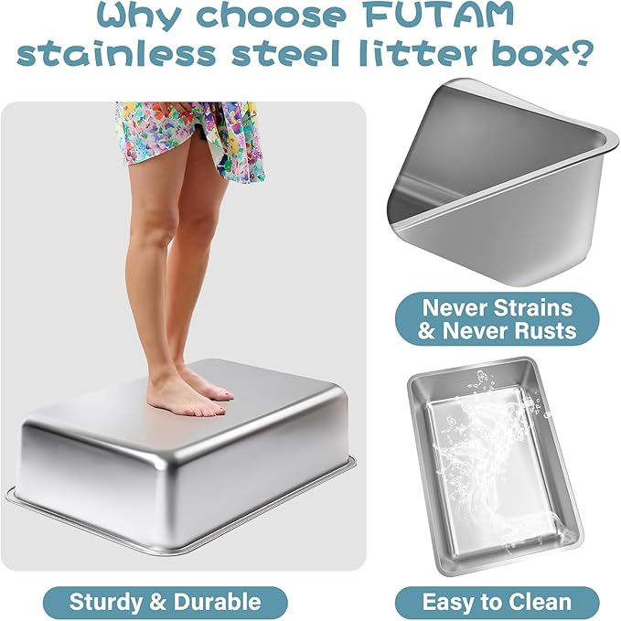 Stainless Steel Litter Box, 17.7"x13.8"x6" Medium to Large Metal Litter Box - Image 3