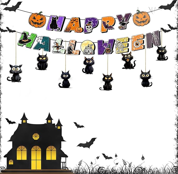 8 Pcs Halloween Tree Decoration Funny Cute Black Cat Designs Acrylic Pendant - Image 3