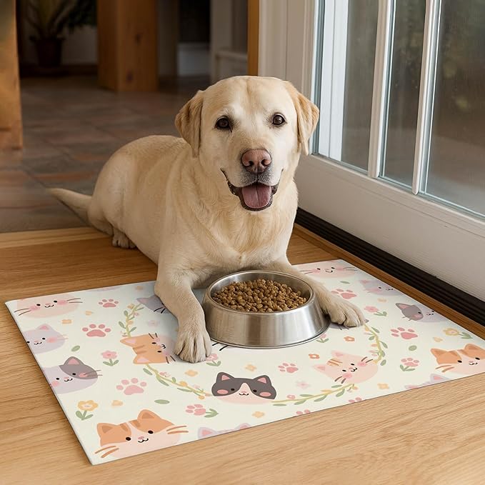 HOMETITUTE Cat Feedings Mats 20x12 inch Beige Cat Print Pet Bowl Placemat Non - Image 4