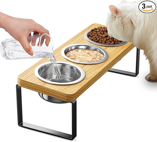 Elevated Cat Bowls with 3 Stainless Steel Bowls | 10° Tilted Anti-Vomiting by AKAOLA