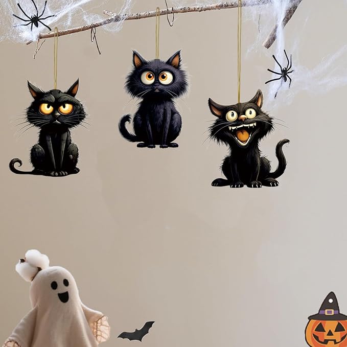 8 Pcs Halloween Tree Decoration Funny Cute Black Cat Designs Acrylic Pendant - Image 7