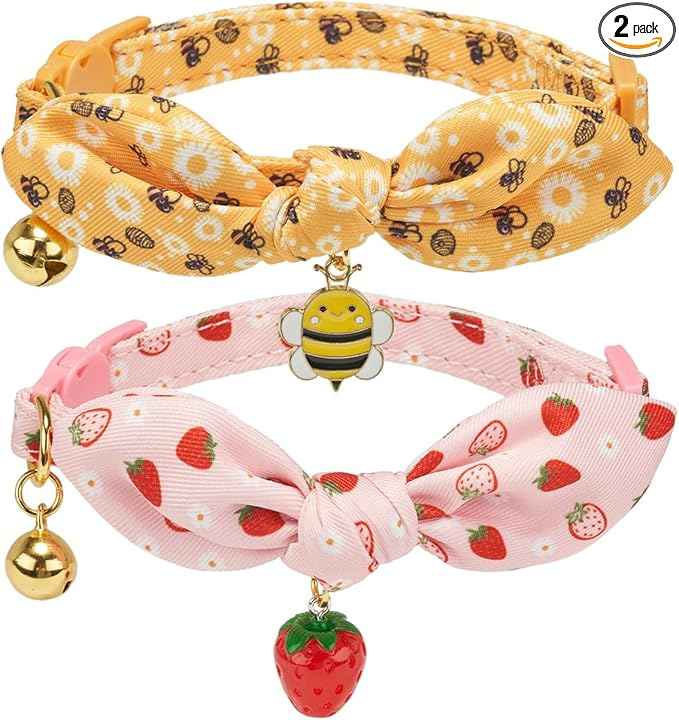 2 Pack Cotton Cat Collar, Removable Bowtie, Floral Pattern, Safety Breakaway by Petiry