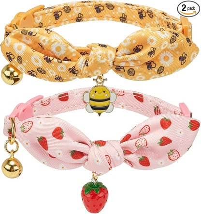 2 Pack Cotton Cat Collar, Removable Bowtie, Floral Pattern, Safety Breakaway by Petiry