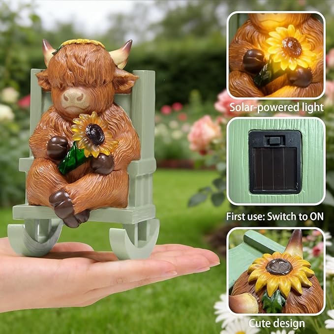 Sheaifun Solar Garden Statues Highland Cow Garden Decor Resin Highland Cow - Image 4