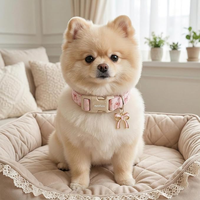 Pink Bow Dog Collar with Flower, Adjustable Cotton Puppy Collar, Cute Girl Boy - Image 7