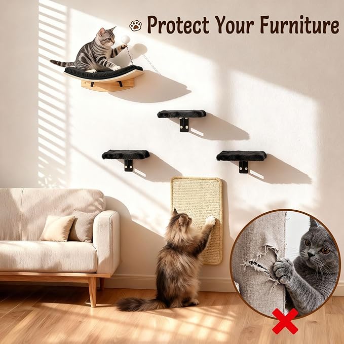 Wooden Cat Wall Shelves and Perches, 5 Piece Wall Mounted Cat Furniture System - Image 5