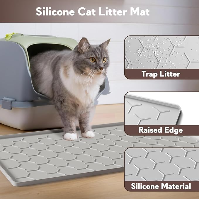 Garoopion Cat Litter Box Mat, Silicone Kitty Litter Mat, Light Gray - Image 2