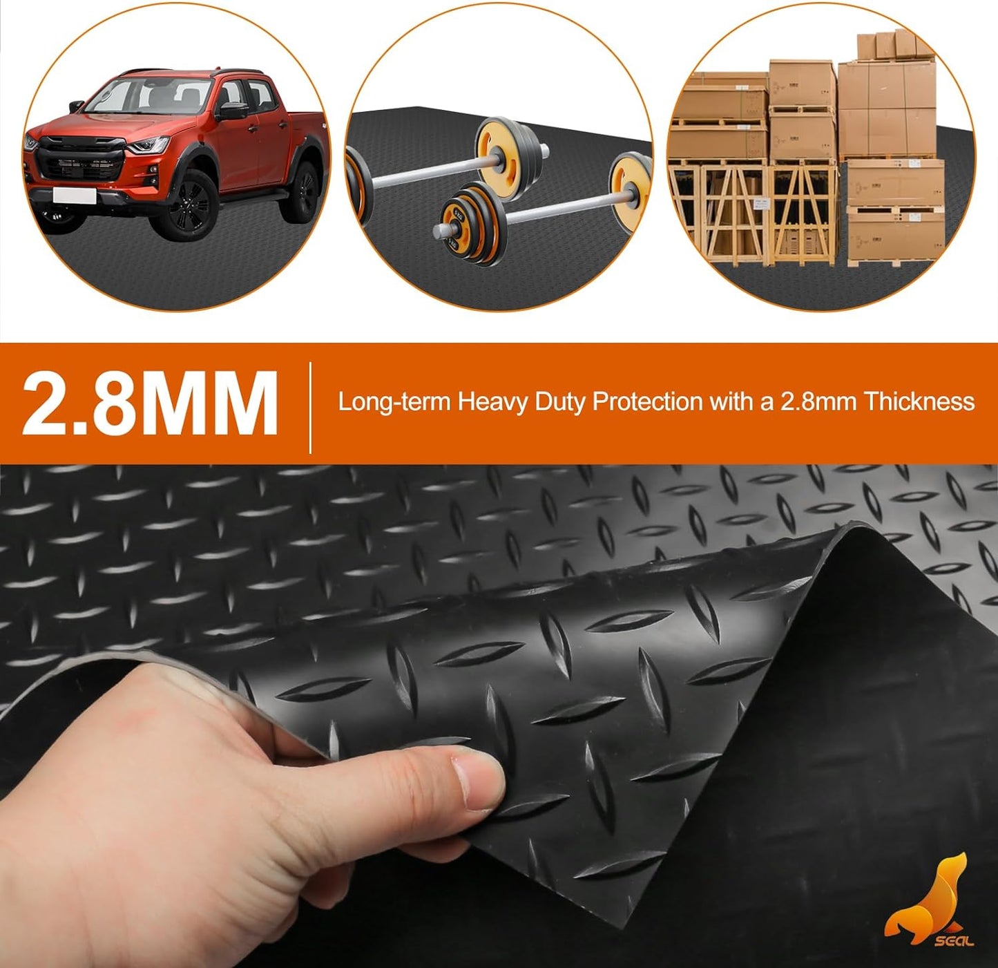 SEAL 6 x 10 Ft Premium Garage Floor Mat, Solid 2.8mm Thickened Black Commercial Grade Heavy Duty Parking Mat for Garage Floor, Golf Cart, Water/Stain Resistant Floor Runner (Embossed Diamond Plate)