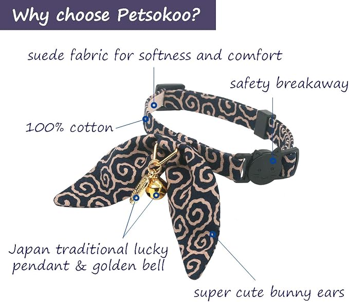Bunny Ears Cat Collar, Japan Lucky ‘開三運’ Charm. Safety Breakaway Bowtie Kitten - Image 2