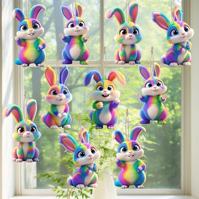 12 Pcs Easter Hanging Ornament Cute Colorful Gradient Bunny Designs 2D Wooden - Image 2