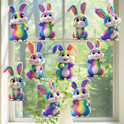 12 Pcs Easter Hanging Ornament Cute Colorful Gradient Bunny Designs 2D Wooden - Image 2