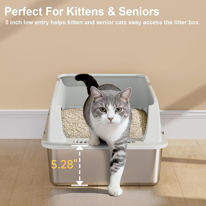 TENTIZON 2 Pack Stainless Steel Cat Litter Box, XL Large Metal Kitty Litterbox - Image 6