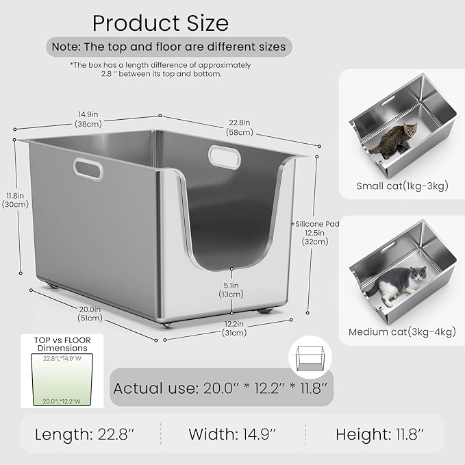 Stainless Steel Litter Box 11.8'' High Sides, XL Metal Cat Litter Box - Image 2