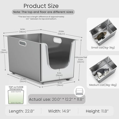 Stainless Steel Litter Box 11.8'' High Sides, XL Metal Cat Litter Box - Image 2