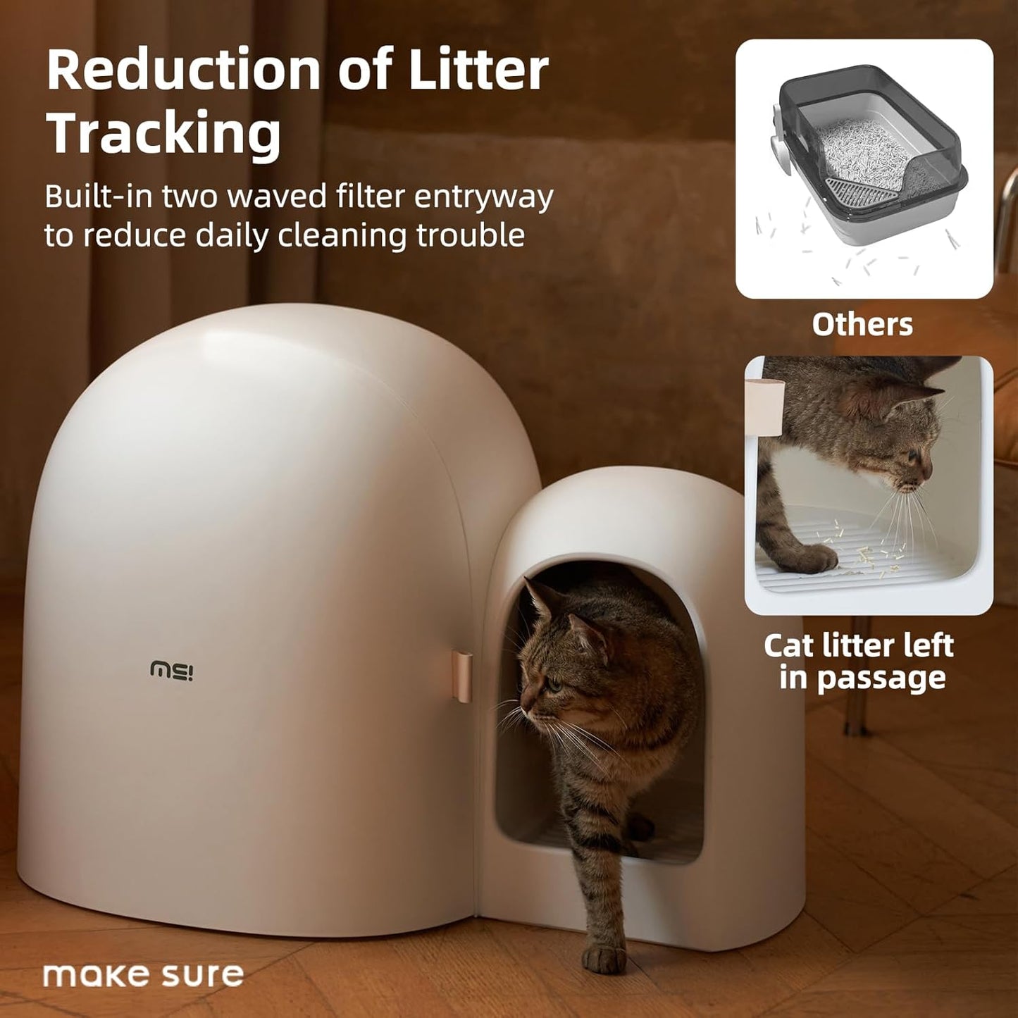 MS!MAKE SURE Cat Litter Box, Large Covered Hidden Dog Proof Closed Modern Cat Litter Box Furniture with Scoop, for Odor Control and Less Tracking, Easy to Clean,26.7"x19.6"19.6", Snow White