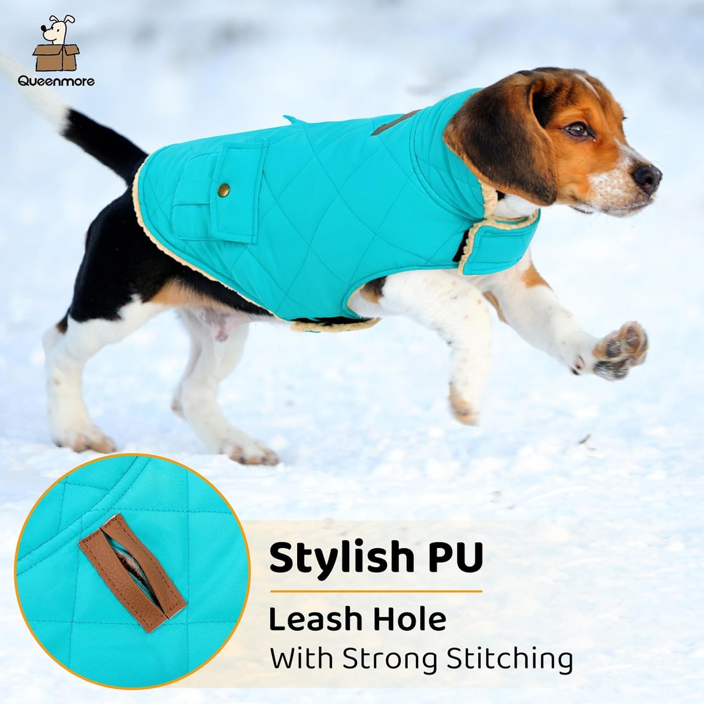 Queenmore Warm Dog Coat, Cold Weather Puffer Dog Coat Vest, Quilting Winter Pet Jacket Ultra Thick Plush Fleece Lining Pet Clothes for Dogs with Storage Pockets (Light Blue, Small)
