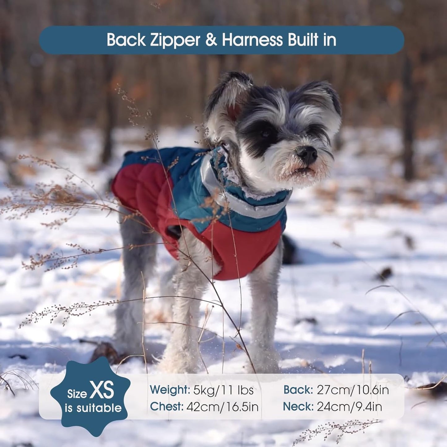 FUAMEY Dog Coat for Small Dogs,Waterproof Dog Winter Jacket with Harness Built in Puppy Cold Weather Coats Reflective Pet Vest with Zipper Warm Fleece Dogs Snowsuit Windproof Dark Blue XS