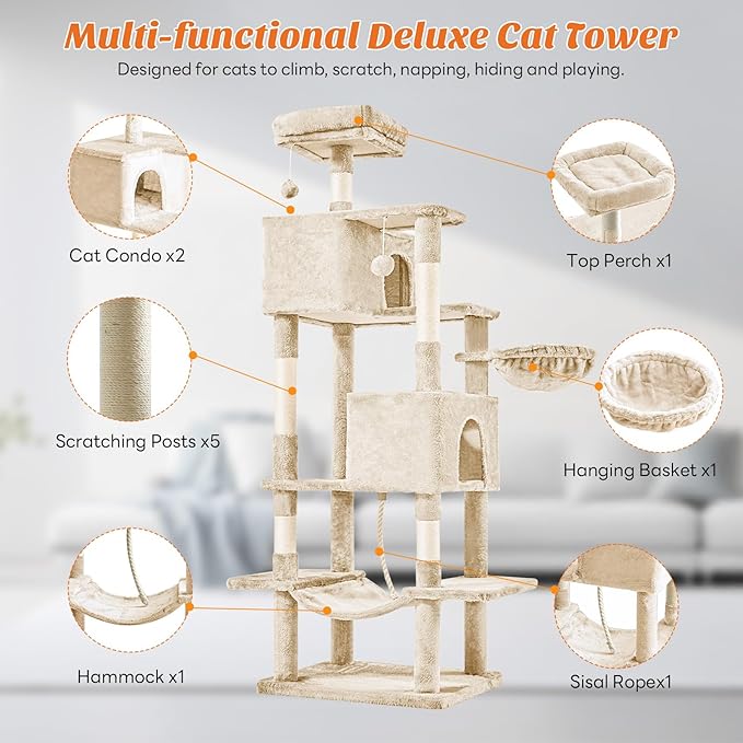DUMOS Large 66 Inch Cat Tree Tower, Tall Multi Level Cat Climbing Tower - Image 4
