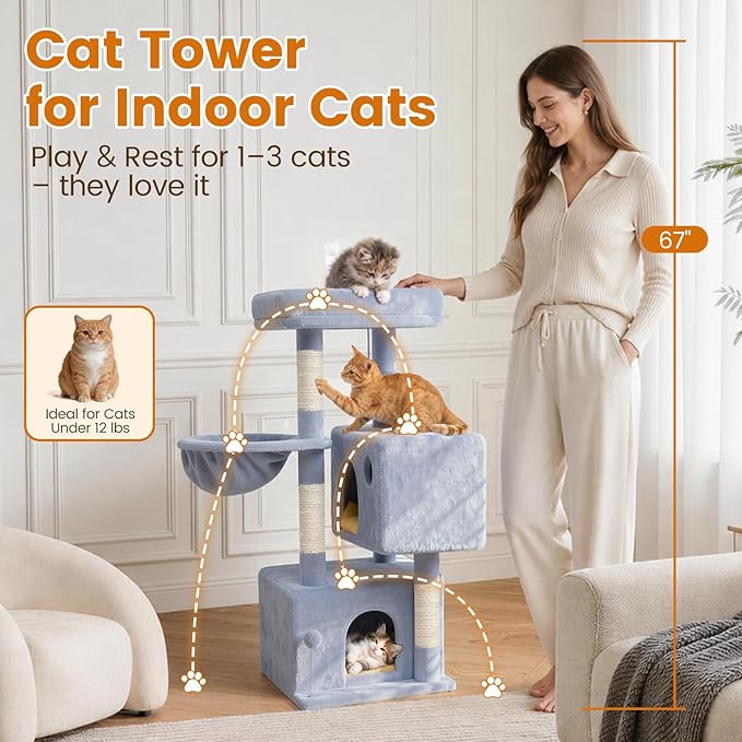Cat Tree Tower with Scratching Post Hammock, 2 Condos Short Corner Climbing - Image 6