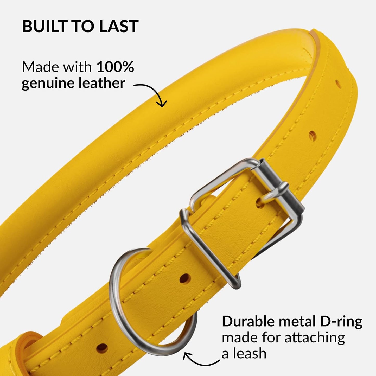 CollarDirect Rolled Leather Dog Collar, Soft Padded Round Puppy Collar, Handmade Genuine Leather Collar Dog Small Large Cat Collars 13 Colors (6-7 Inch, Yellow Smooth)