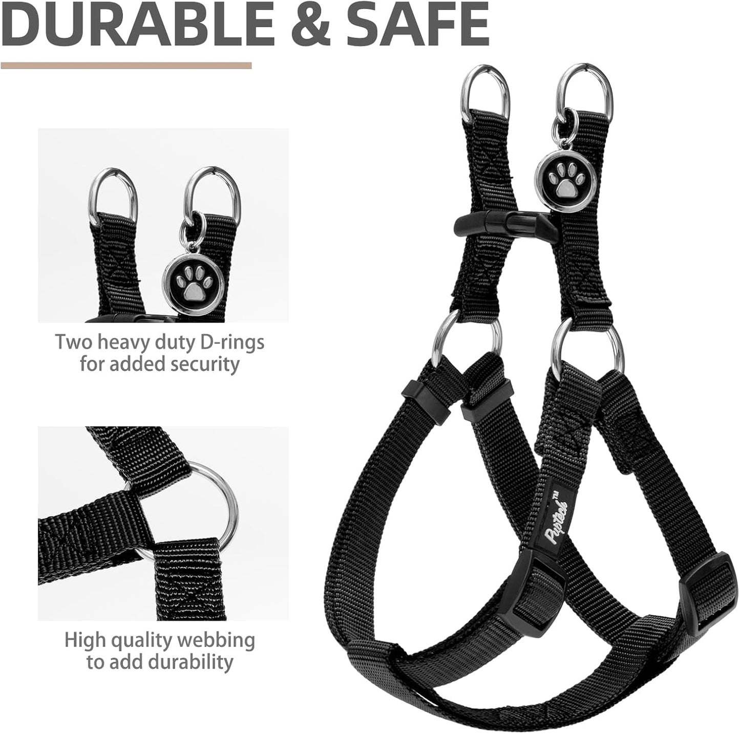 PUPTECK No Pull Dog Harness Soft Adjustable Basic Nylon Step in Puppy Vest Outdoor Walking with ID Tag and A-ir Tag Case, Black, S
