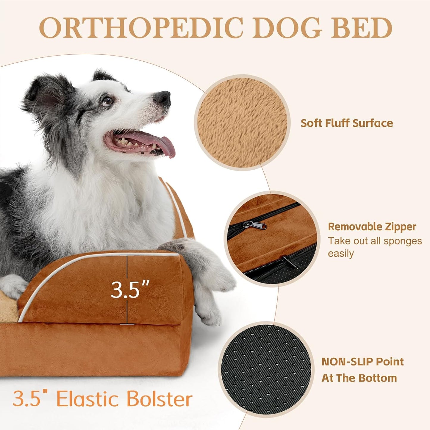 Comfort Expression Small Dog Beds Waterproof Orthopedic Foam Dog Sofa Beds for Medium Dogs Comfy Pet Bed with Washable Removable Cover & Non-Slip Bottom(Small,Caramel)