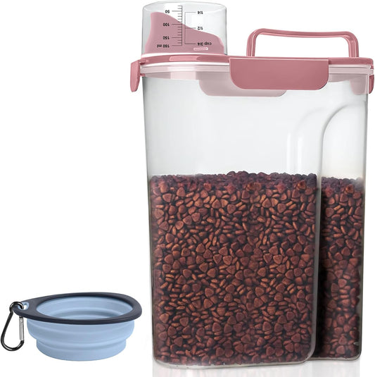 Dog Food Storage Container, Upgraded Large Nozzle BPA-free, 8-12 LBS Plastic Pet Food Storage Containers, With 4 Sealed Clasps, 1 Measuring Cup and Handle (1, Rose Pink, 5L)